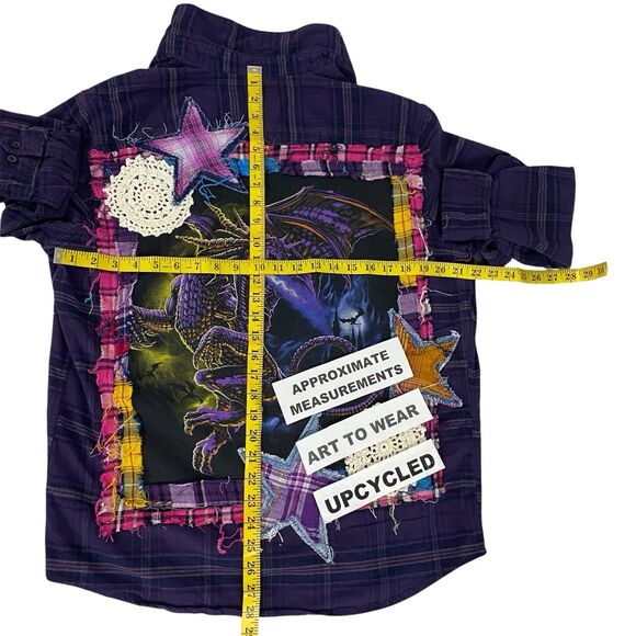 Upcycled Flannel Shirt Shacket Womens XL Dragon Grunge Purple Patchwork Folk Art - Picture 2 of 14